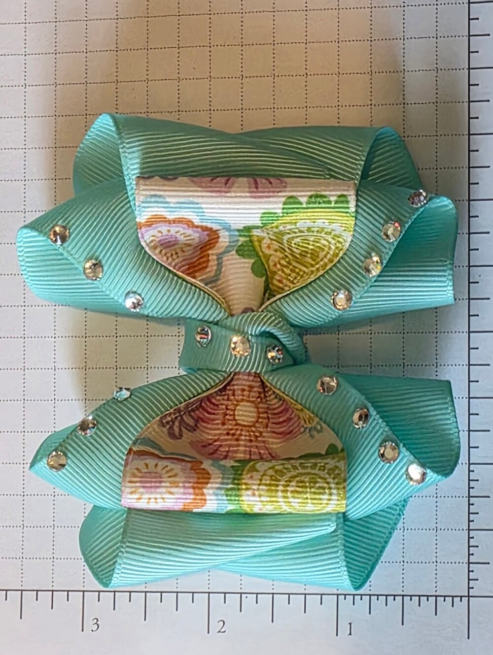 Aqua Grosgrain Floral Center Rhinestone Hair Bow